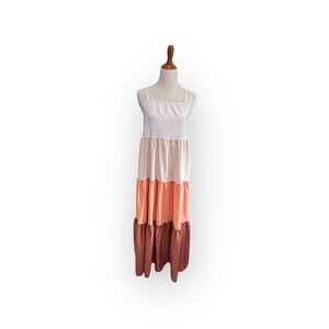 Womens Tiered Colorblock Maxi Dress Sleeveless Tie Back Summer Boho White Peach